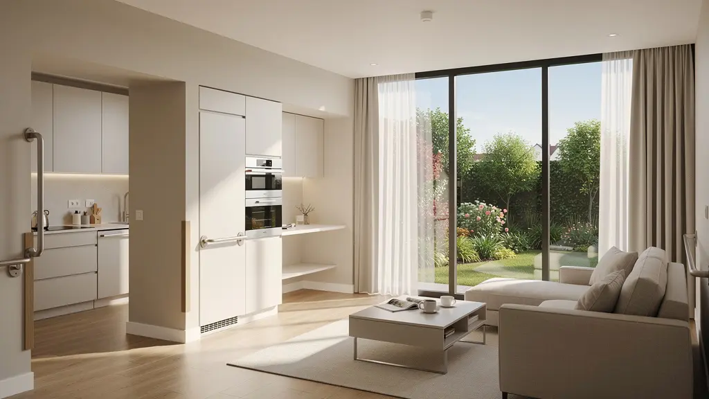 Intérieur d'un appartement adapté senior avec barres d'appui et vue jardin