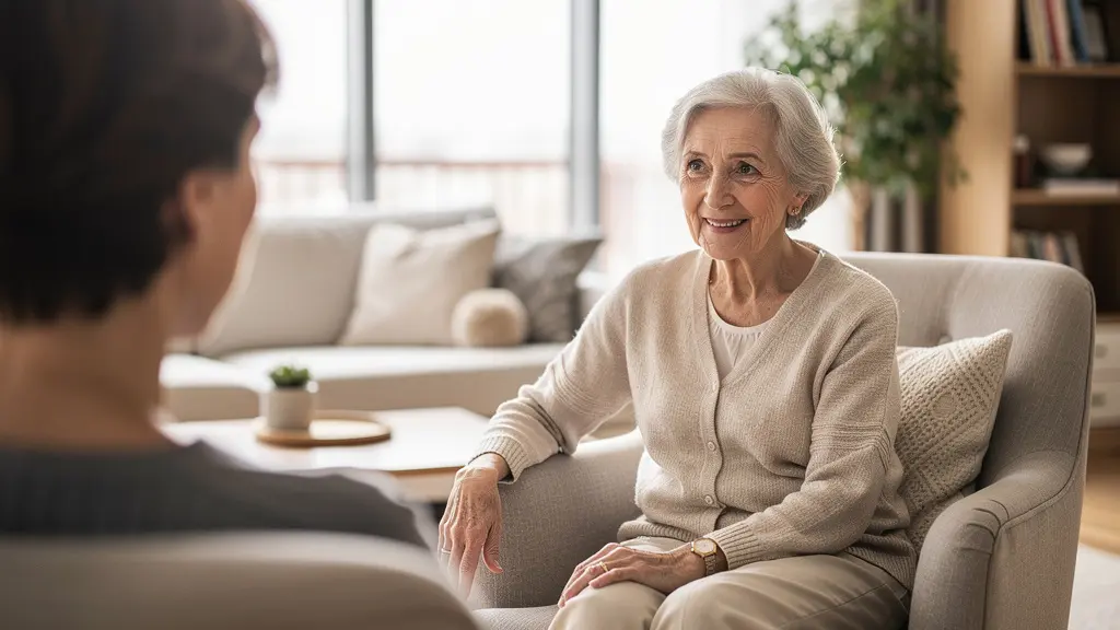 Famille en conversation dans un salon lumineux de résidence senior Côtes-d'Armor