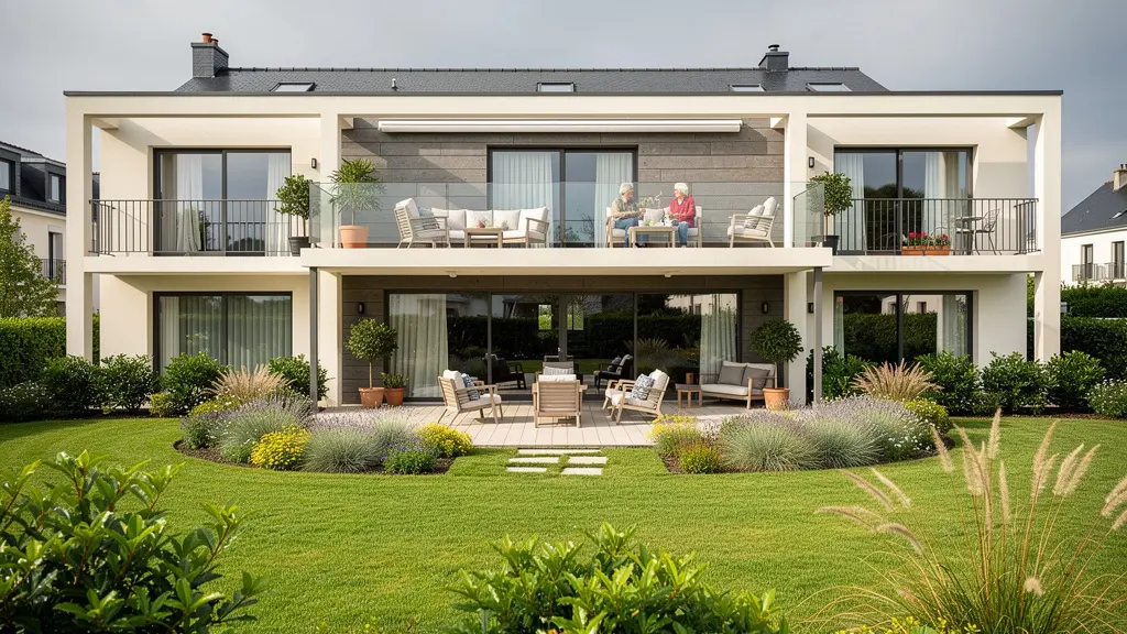 Façade d'une résidence senior moderne avec terrasse et jardin paysager en Bretagne