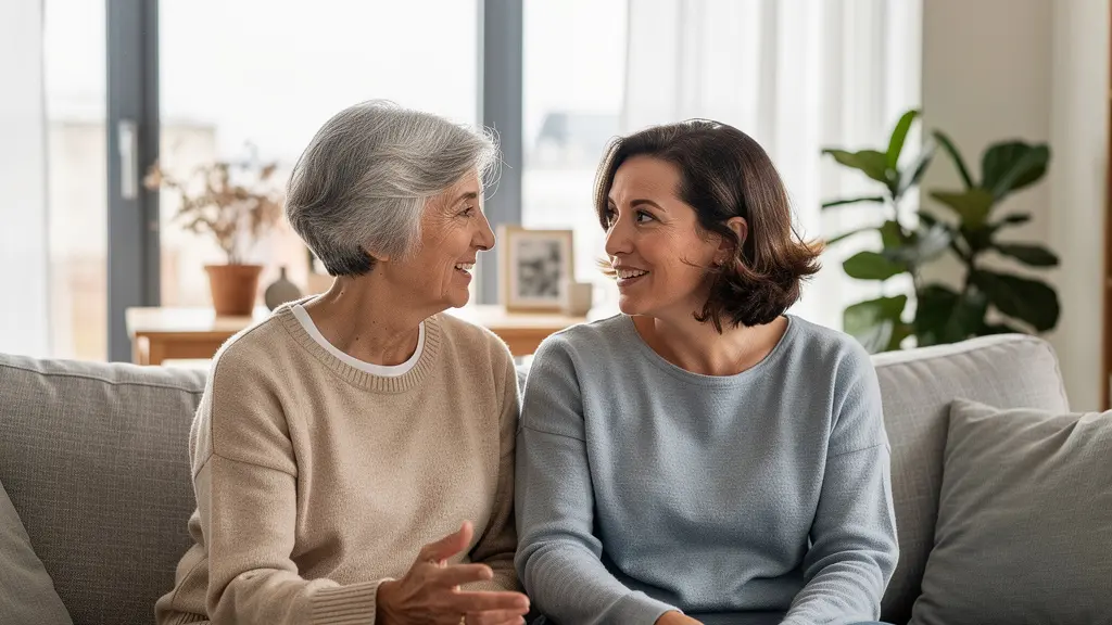 Femme senior échangeant avec sa fille dans un salon lumineux de résidence senior