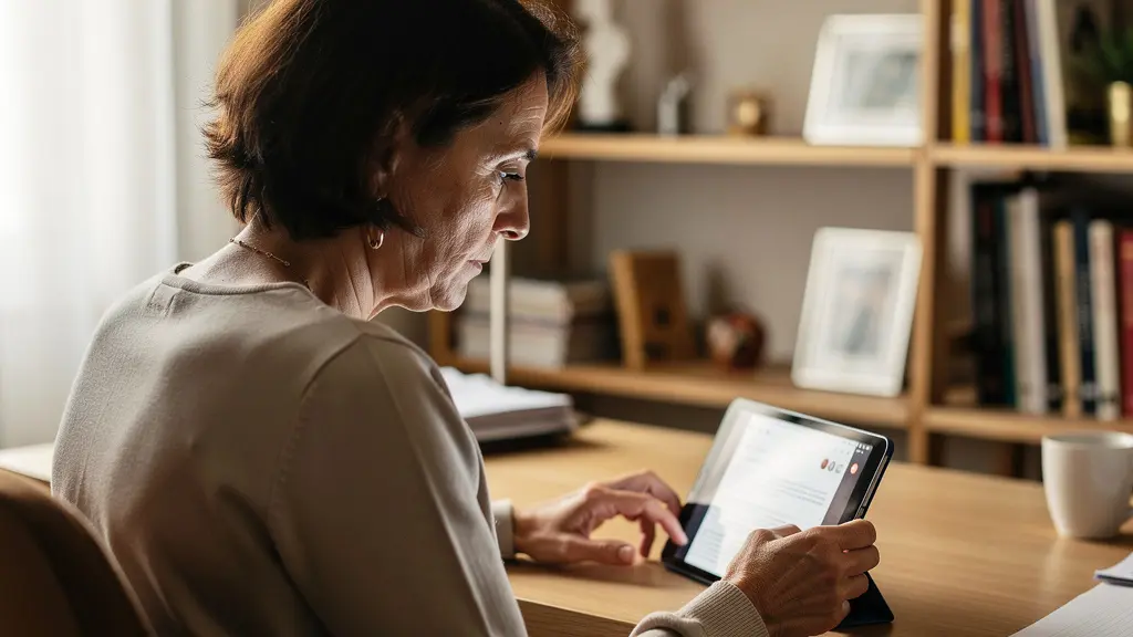 Femme quinquagénaire recherchant des informations sur une résidence senior