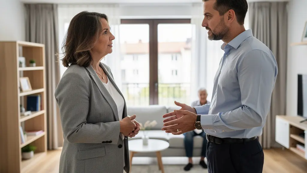 Famille visitant un appartement lumineux en résidence senior