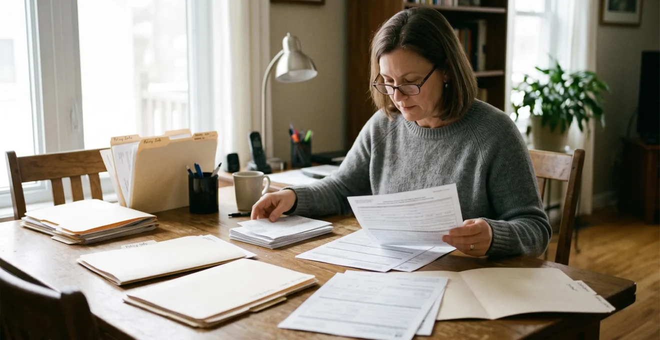 Une personne organise méthodiquement des documents administratifs et formulaires sur une table à domicile dans un environnement calme et lumineux.