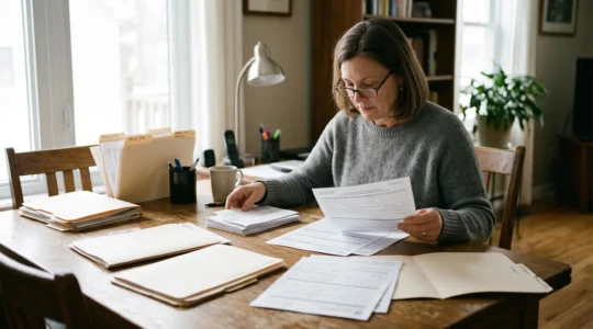 Une personne organise méthodiquement des documents administratifs et formulaires sur une table à domicile dans un environnement calme et lumineux.