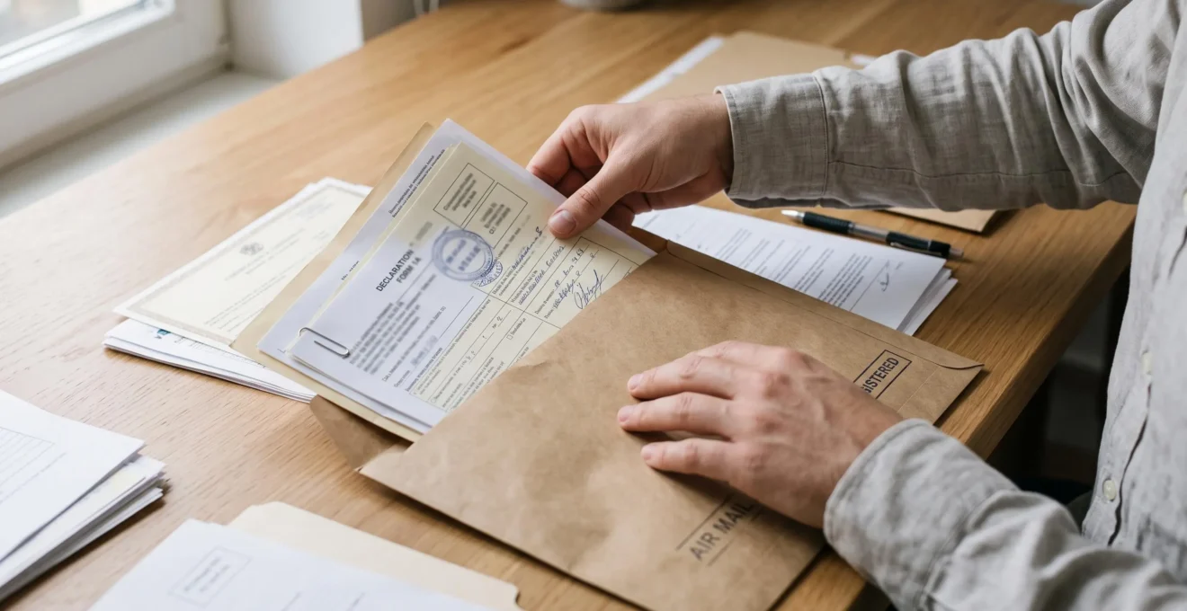 Des mains préparent soigneusement l'envoi de documents administratifs en les plaçant dans une enveloppe postale sur un bureau.