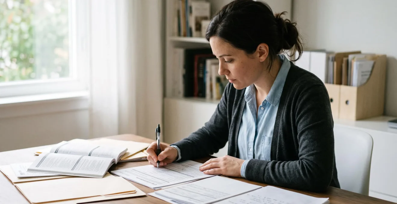 Une personne rédige attentivement un courrier administratif ou formulaire de réclamation à son bureau avec des documents de référence à proximité.