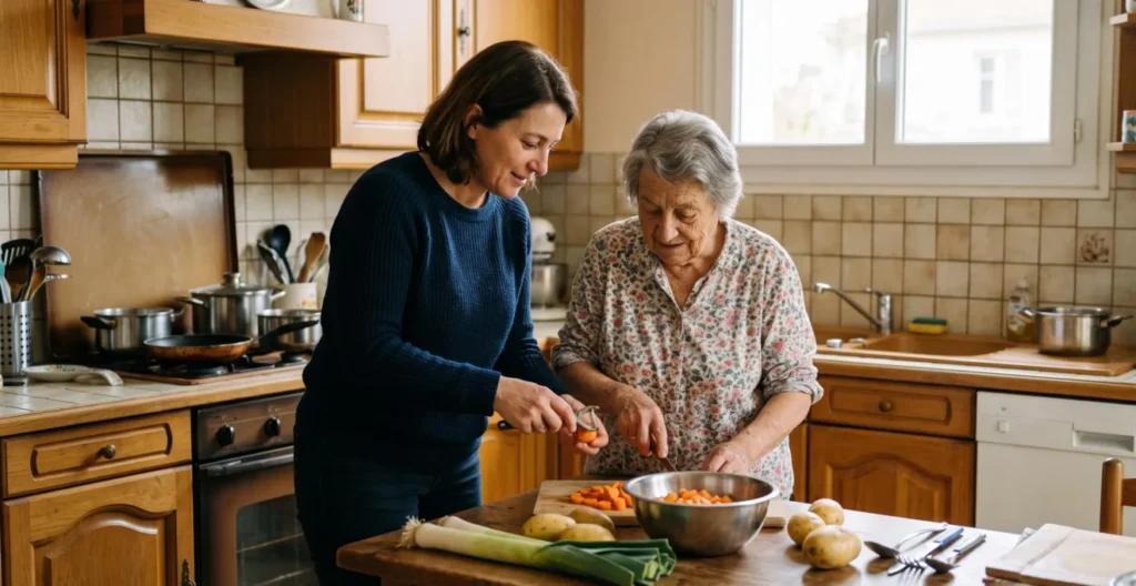 Une aide à domicile accompagne une femme senior dans la préparation d'un repas dans sa cuisine, interaction professionnelle et bienveillante.