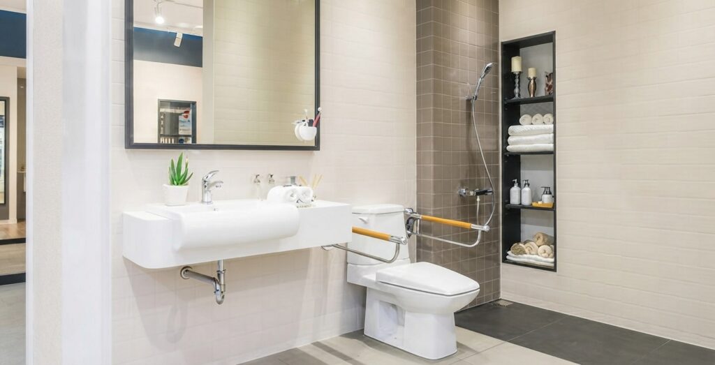 Un homme senior utilise en toute sécurité sa douche à l'italienne équipée de barres d'appui, d'un siège et d'un sol antidérapant.
