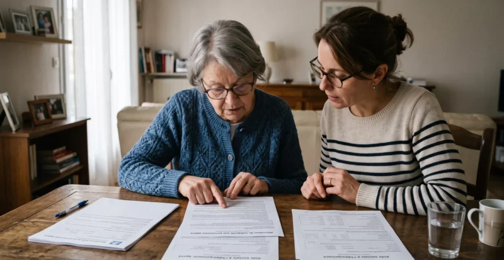 Une femme senior est accompagnée dans ses démarches administratives d'aides financières à son domicile, consultant des documents avec un conseiller.