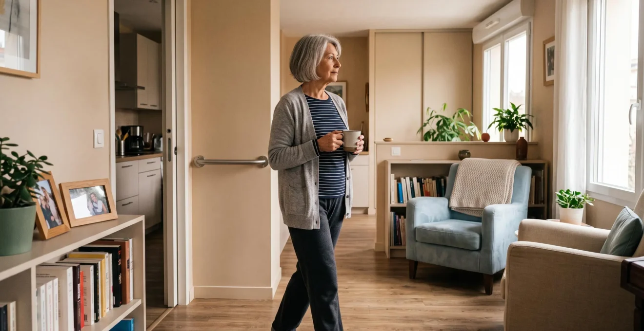 Une femme senior autonome dans son logement adapté, se déplaçant naturellement dans son intérieur moderne équipé d'aménagements de sécurité.