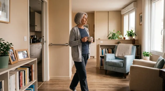 Une femme senior autonome dans son logement adapté, se déplaçant naturellement dans son intérieur moderne équipé d'aménagements de sécurité.